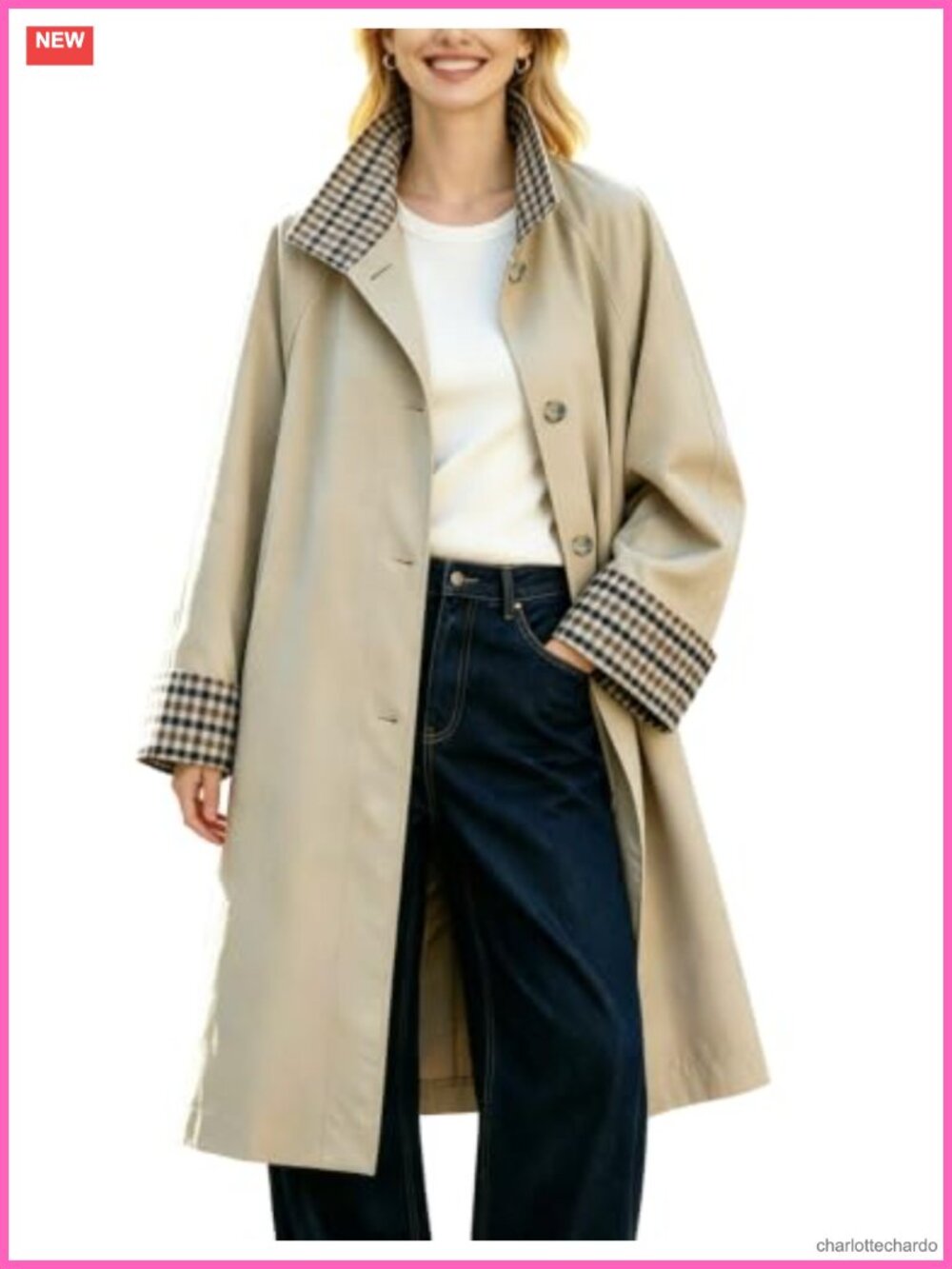 Womens Long Trench Coat Plaid Lined Jacket with Pockets